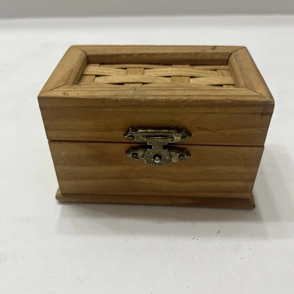 Wooden Handmade Mini Trinket Box Woven Hinged Lid Metal Latch 3.5x2.25x2